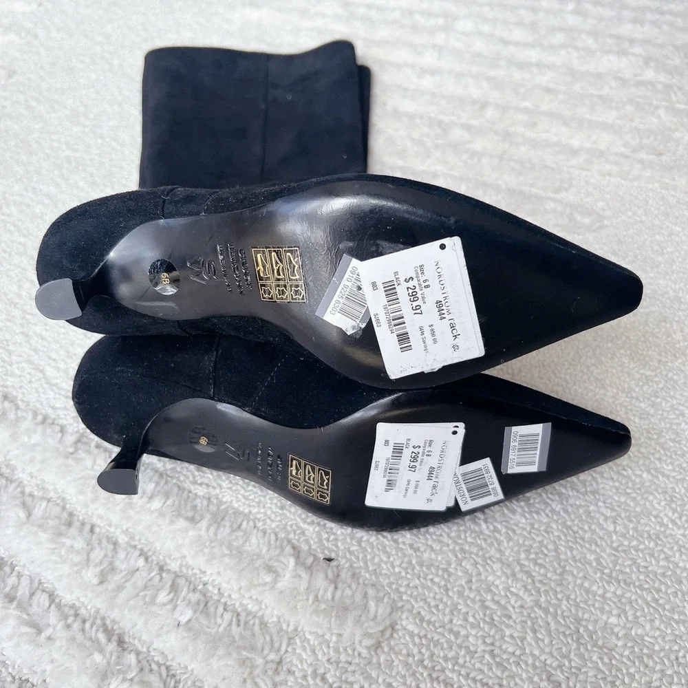 Stuart Weitzman Vinnie 50 Pointed Toe Knee High Boots Black Suede Pull On US 6